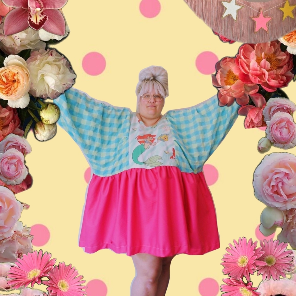 Blue and Pink Checkered Dress with Mermaid Print